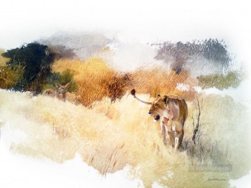 Animal Painting - leona y nyala geoff cazador vida silvestre